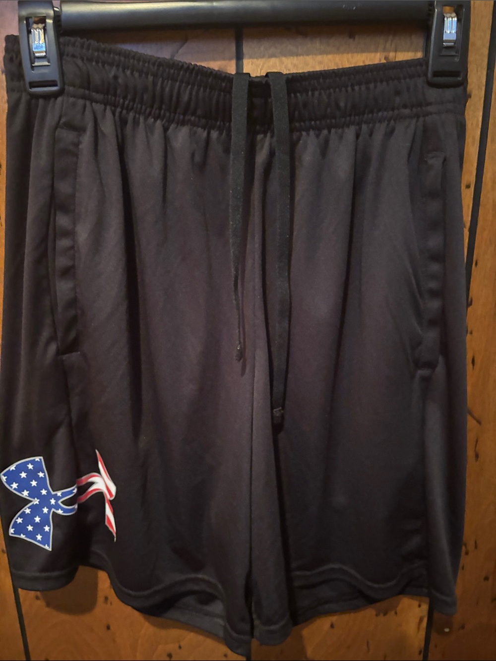Under Armour Black Athletic Shorts with American Flag Accent